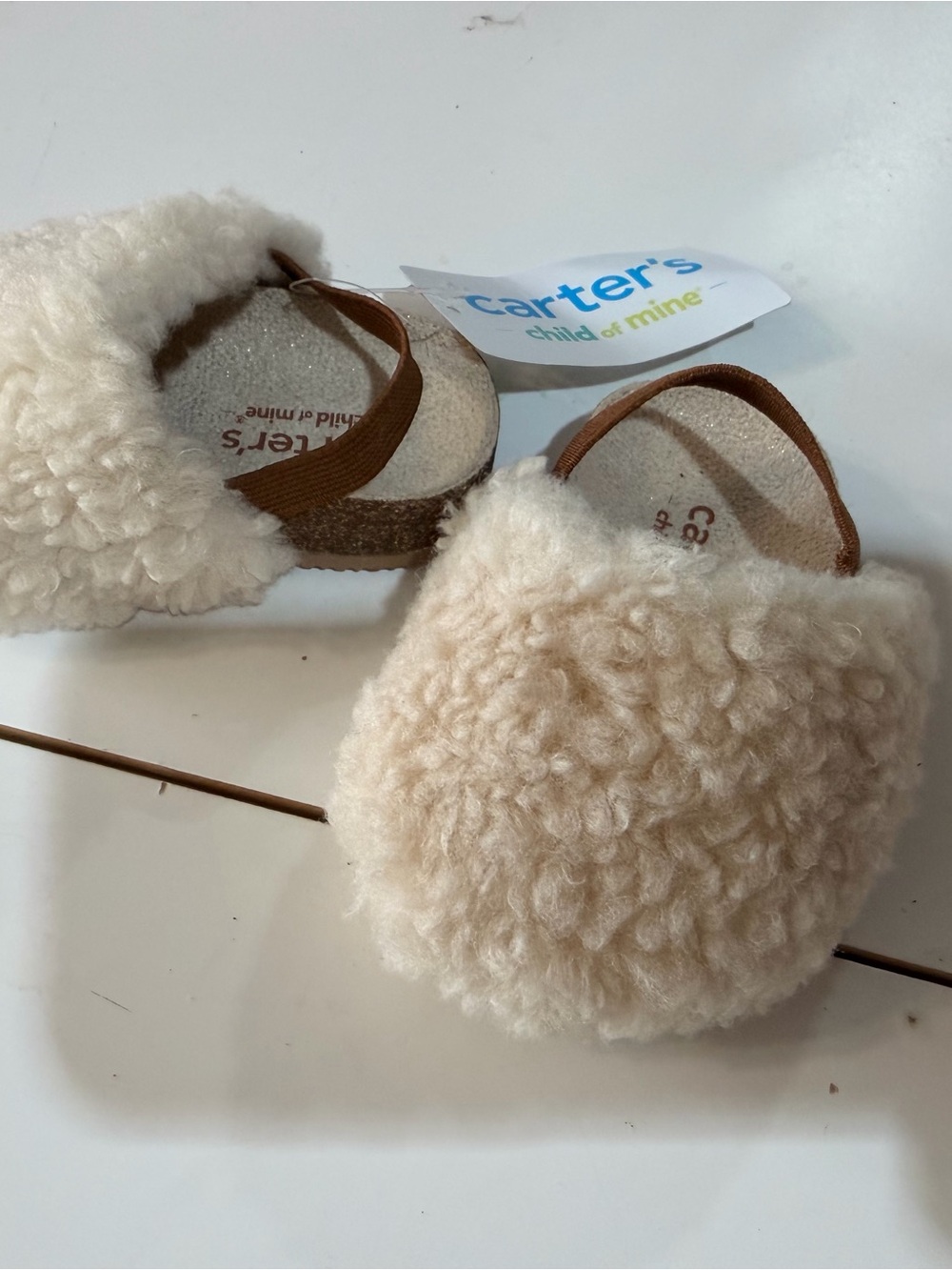 Carter's Cream Sherpa Baby Slippers with Brown Strap